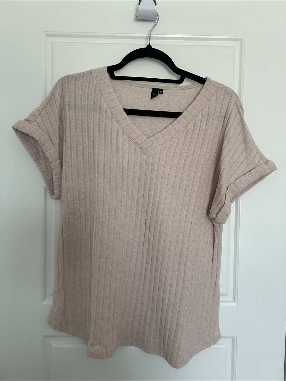 V-Neck Ribbed Short Sleeve Top - Light Beige